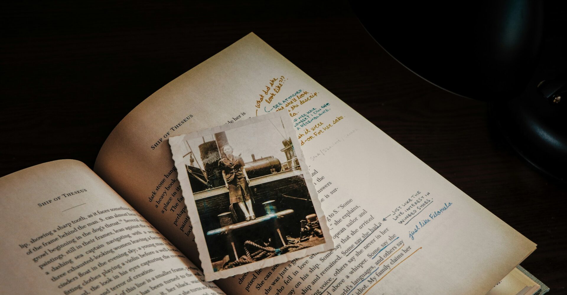 An open book with an old photo of a woman placed inside